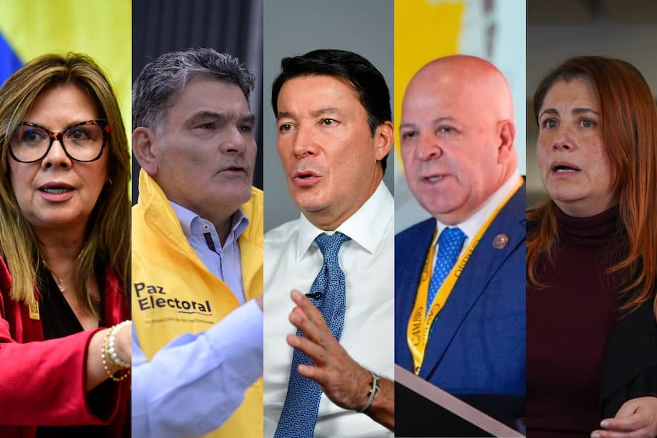 Los jefes de la organización electoral, la Fiscalía y entes de control fueron citados a control político. De izquierda a derecha: la fiscal Luz Adriana Camargo; el procurador Gregorio Eljach; el registrador Hernán Penagos; el presidente del CNE, Benjamín Ortiz; y la defensora Iris Marín.