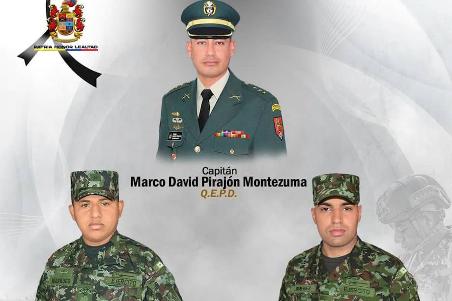 Capitán Marco David Pirajón Montezuma y los soldados profesionales Joel Alberto Jiménez Jaramillo y Jhon Marrugo Manjarrez.