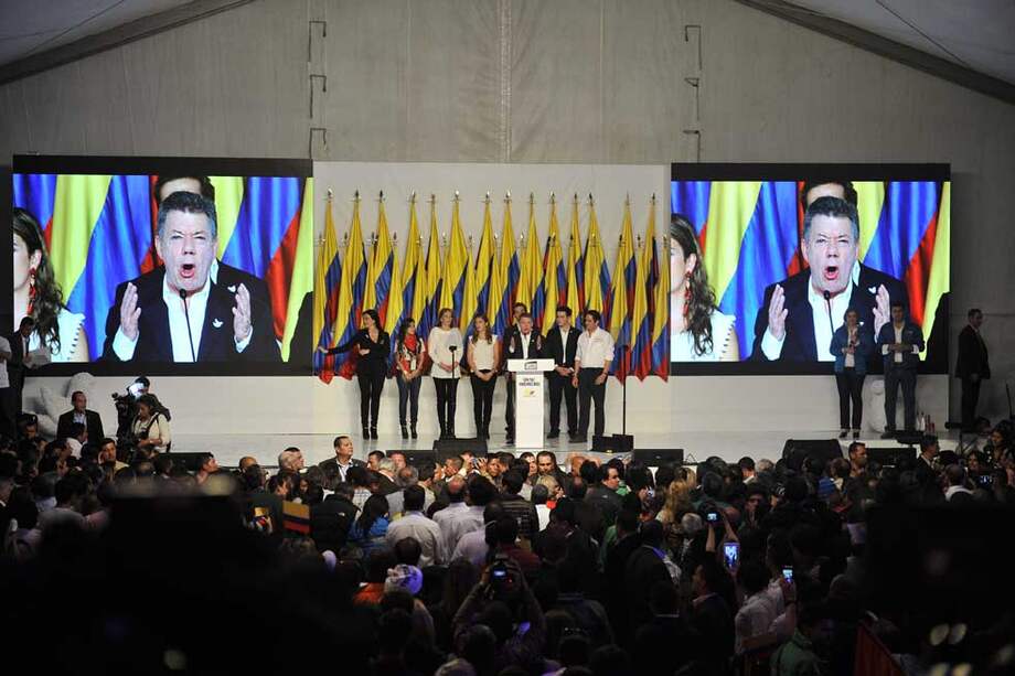 El presidente Juan Manuel Santos en el Claustro La Enseñanza durante su discurso de victoria electoral. / Gustavo Torrijos