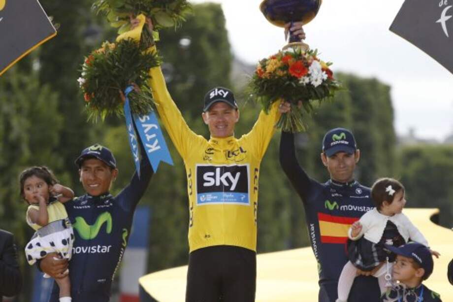 El podio del Tour: Nairo Quintana, Chris Froome y Alejandro Valverde estarán en la Vuelta a España. / AFP