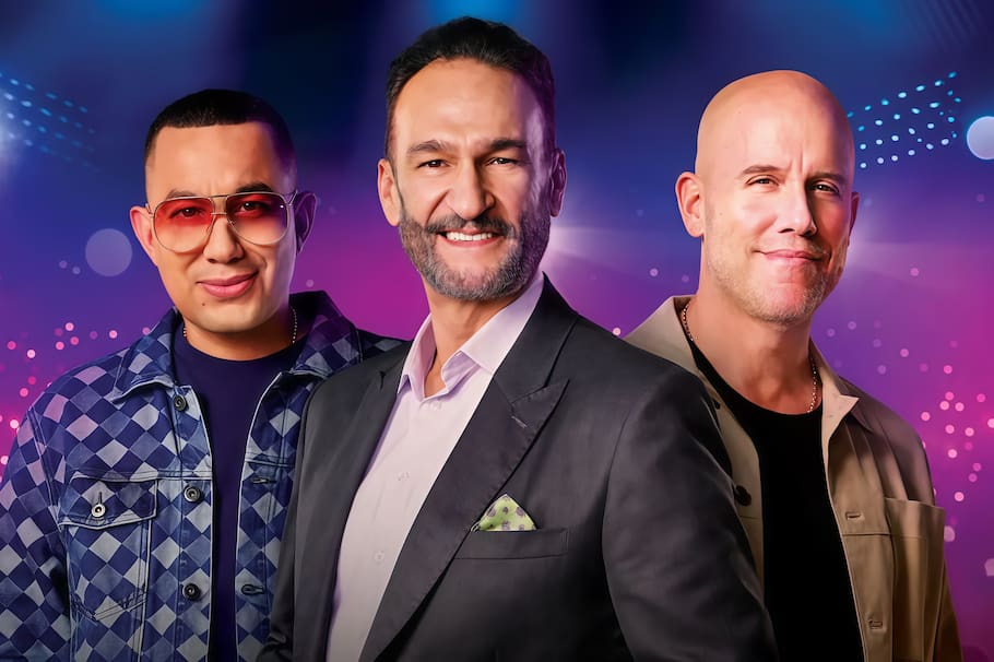 Felipe Peláez, Kike Santander y Gian Marco, jurados de 'A otro nivel' (Caracol Televisión, 2026).