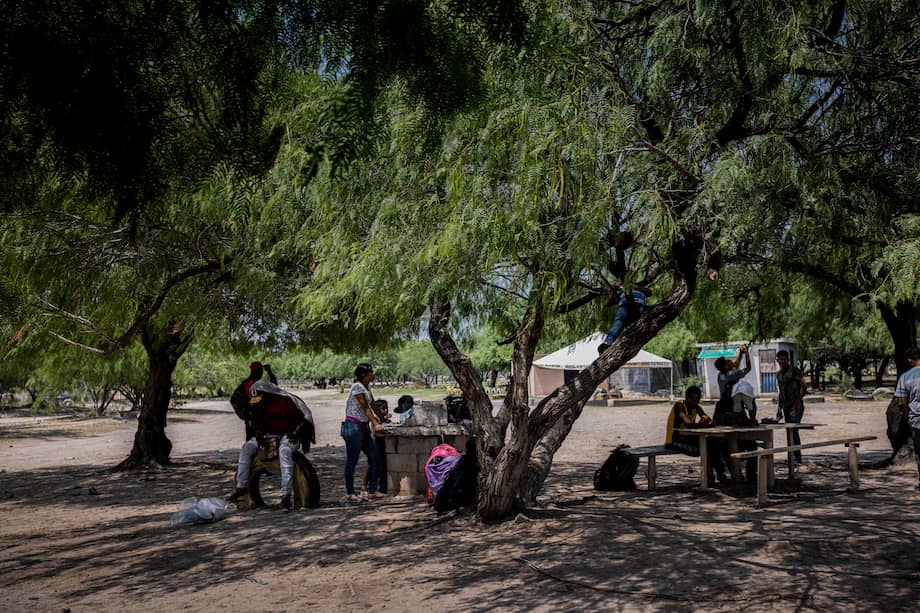 Familias esperan a la sombra de un árbol la oportunidad de ingresar al albergue para migrantes "Senda de Vida", en Reynosa, México. No hay suficiente espacio en los albergues locales, por lo que muchos migrantes se ven obligados a dormir al aire libre, en la calle o en campamentos improvisados.