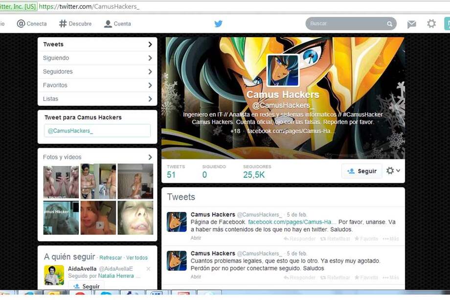 El misterioso ‘hacker’ publica en Twitter fotos y videos eróticos que roba a sus protagonistas.