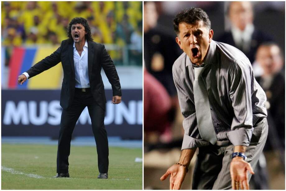 Leonel Álvarez (izq.), técnico del Deportivo Cali, y Juan Carlos Osorio (der.), del Atlético Nacional. / AFP