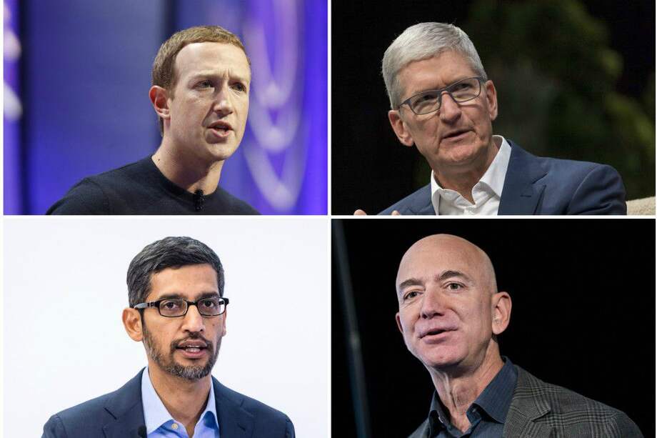 Mark Zuckerberg, Tim Cook (arriba, de izquierda a derecha), Sundar Pichai y Jeff Bezos (abajo).