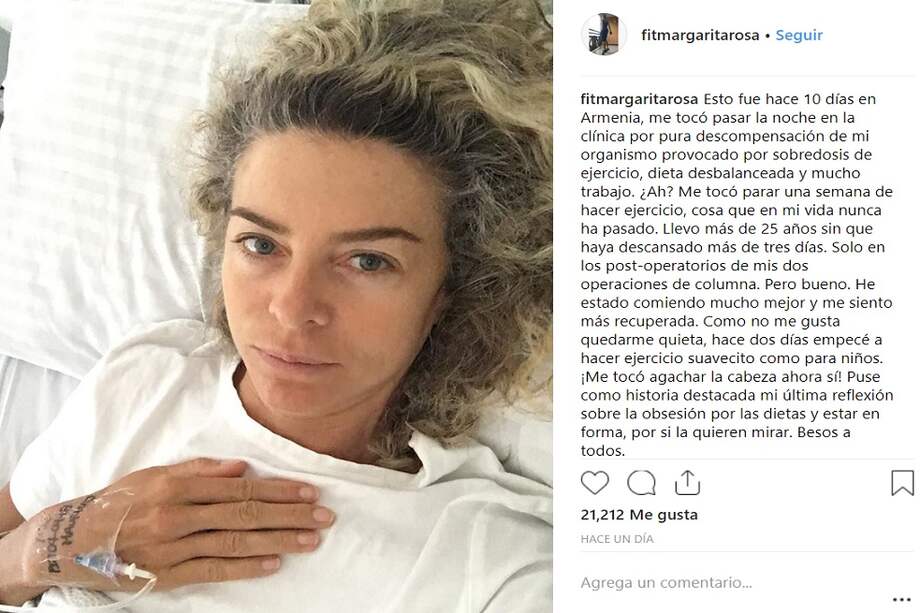 Margarita Rosa de Francisco pasa la noche en el hospital por exceso de ejercicio. / Tomada de Instagram @fitmargaritarosa