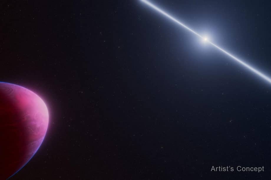 Un extraño planeta (izquierda) orbita una estrella de neutrones que gira rápidamente llamada púlsar (derecha). Este planeta, estudiado con el Telescopio Espacial James Webb de la NASA, parece tener una atmósfera exótica como ninguna otra vista hasta ahora. Imagen cortesía de la NASA, la ESA, la CSA y Ralf Crawford (STScI).