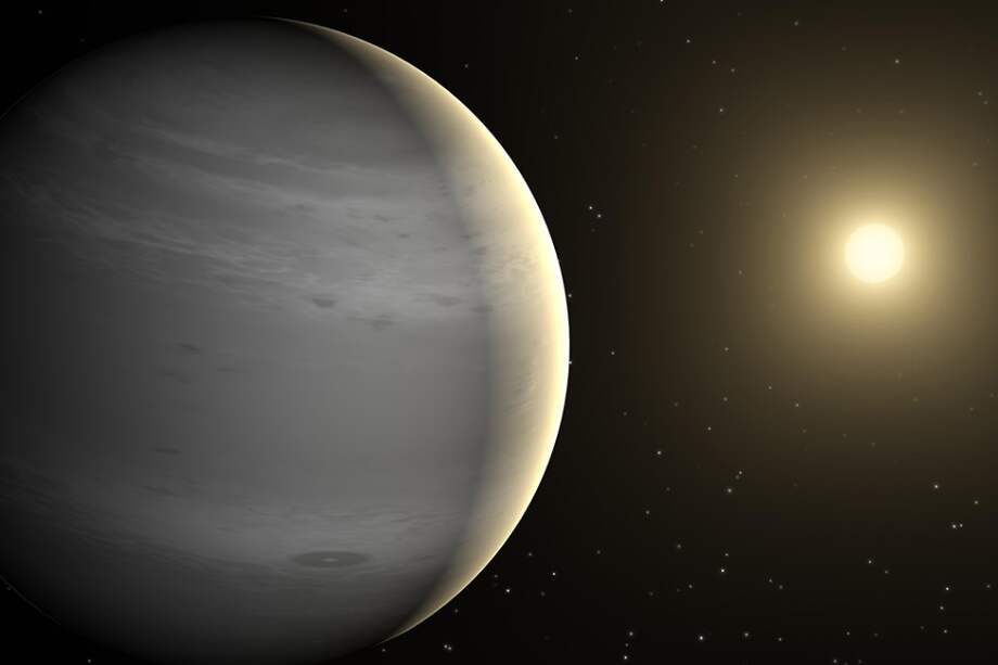 Recreación de Kepler-1708 b, un exoplaneta gigante gaseoso que orbita una estrella tipo F que tendría la potencial exoluna.