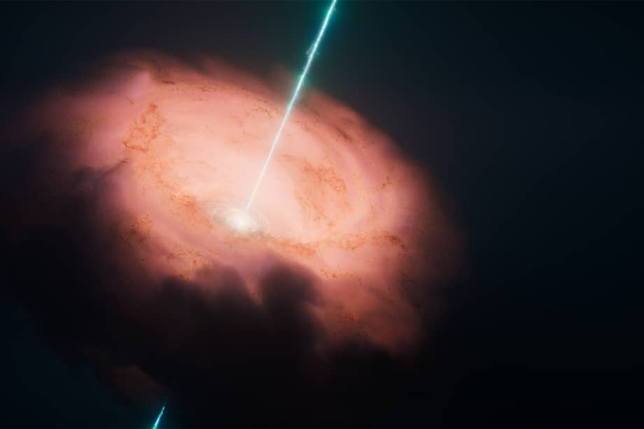 Esta representación artística muestra el motor central de la galaxia Circinus, visualizando el agujero negro supermasivo alimentado por un grueso toroide polvoriento que brilla en luz infrarroja.