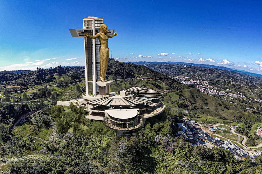 Cristo del Embalse una vez terminado, según el render del Grupo Montecielo. La escultura de 86 metros se levantaría sobre el mall comercial en la vereda Guamito, en El Peñol.