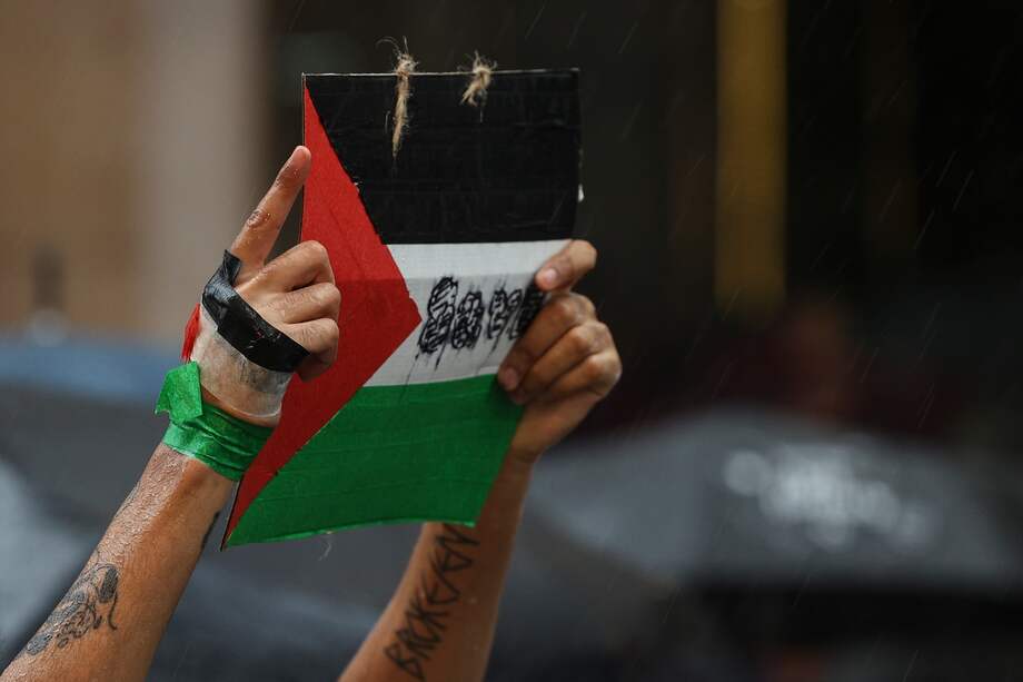 Un manifestante con una bandera palestina y la frase "Paz en Medio Oriente" pide que se detengan los bombardeos en Gaza.