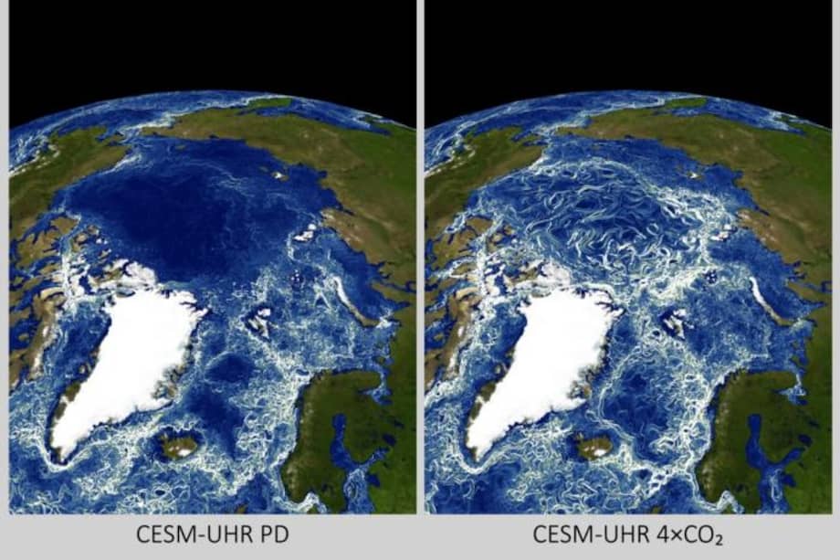 Esta es una imagen del océano Ártico. Las regiones más brillantes indican una mayor agitación horizontal.