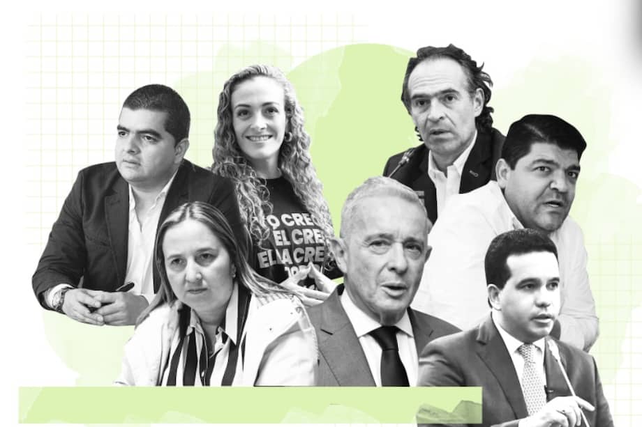 El exsenador Julián Bedoya, la candidata Juliana Gutiérrez, el alcalde Federico Gutiérrez, la representante María Lopera, el presidente Álvaro Uribe, el exsenador Juan Diego Gómez y el senador Carlos Trujillo.