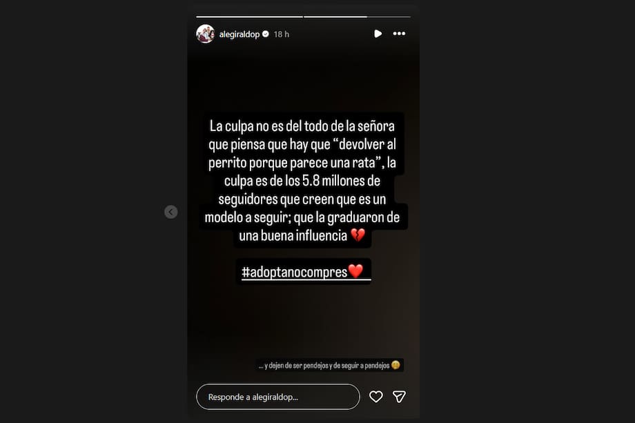 Este fue el mensaje compartido por Alejandra Giraldo, quien, a pesar de no mencionar directamente a Karina García, sí hizo referencia a sus 5.8 millones de seguidores en Instagram y a una de las frases más polémicas de su controvertida declaración.
