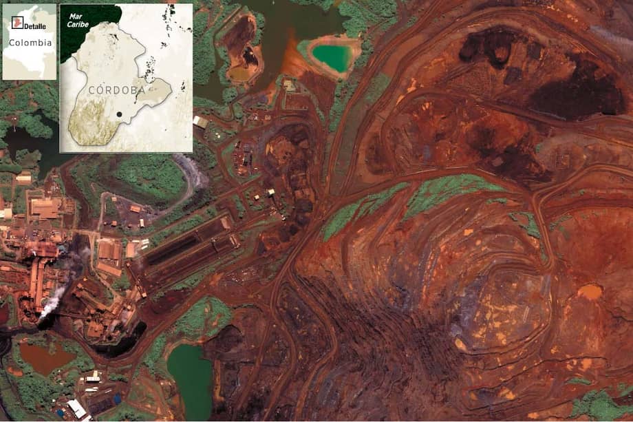 Esta panoramica de Cerro Matoso evidencia los efectos de la operación minera sobre el suelo de Montelíbano, Córdoba. (Google Earth)