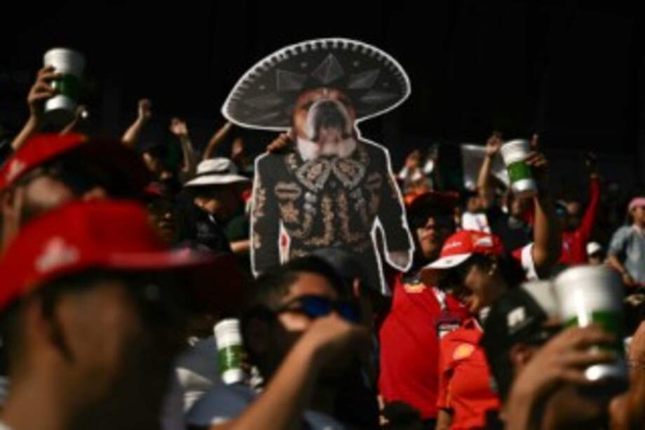 Fans show a sign depicting Roscoe, the deceased dog of Ferrari's British driver Lewis Hamilton, during the qualifying session of the Mexico City Formula One Grand Prix at the Hermanos Rodriguez racetrack in Mexico City on October 25, 2025. (Photo by Carl DE SOUZA / AFP)