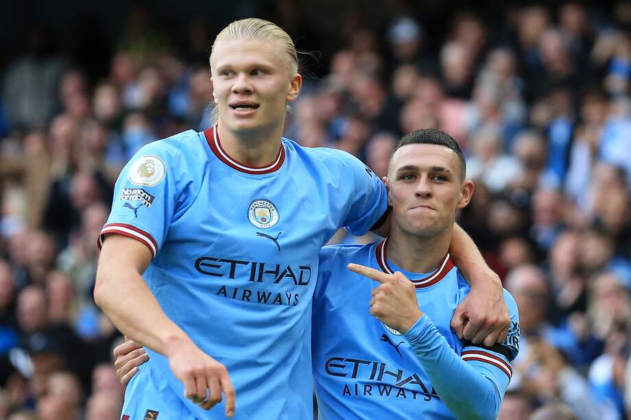 Erling Haaland y Phil Foden le anotaron cada uno tres goles al Manchester United.// (Photo by Lindsey Parnaby / AFP) / RESTRICTED TO EDITORIAL USE. No use with unauthorized audio, video, data, fixture lists, club/league logos or 'live' services. Online in-match use limited to 120 images. An additional 40 images may be used in extra time. No video emulation. Social media in-match use limited to 120 images. An additional 40 images may be used in extra time. No use in betting publications, games or single club/league/player publications. /
