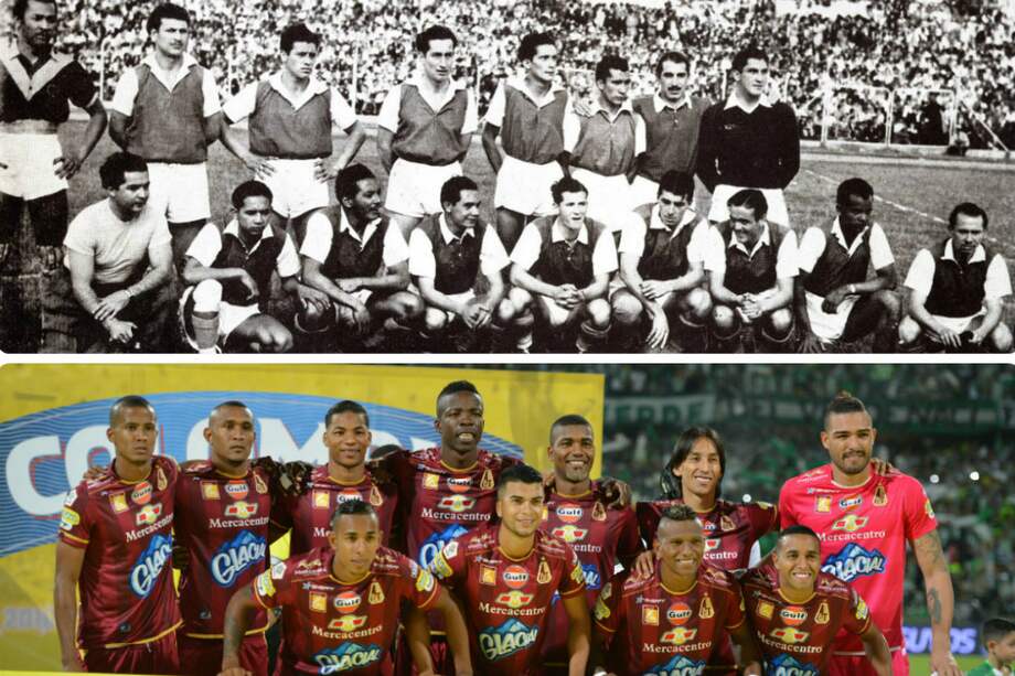 Independiente Santa Fe, el primer campeón del Fútbol Colombiano en 1948 (arriba) y Deportes Tolima, el último campeón (abajo).