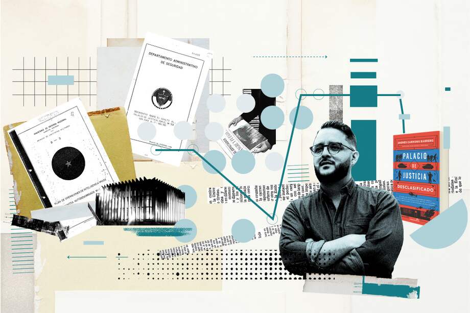 El investigador Andrés Felipe Carmona y los documentos secretos que descubrió. Al lado, la portada de su libro sobre el holocausto del Palacio de Justicia en 1985.