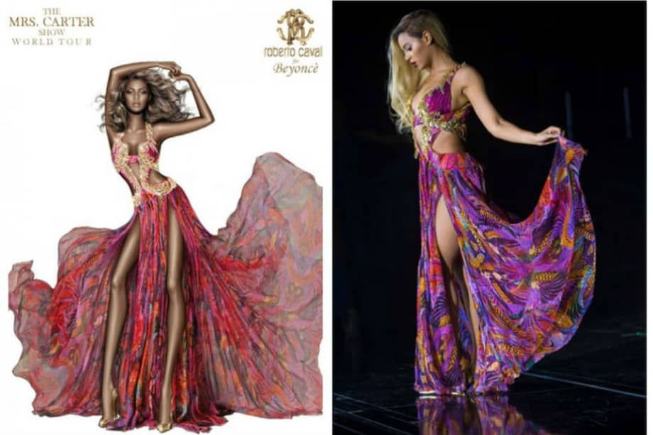 La publicidad de Roberto Cavalli contrastada con la cantante con el traje en la vida real.