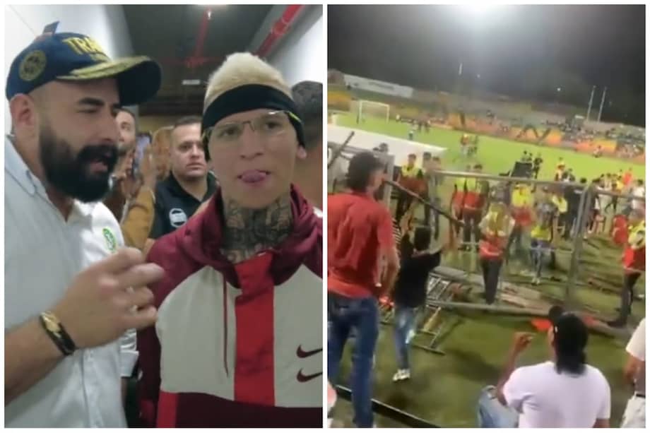 A la derecha, Carlos Bueno, director de Tránsito de Bucaramanga, pidiéndole al influenciador La Liendra, que se comprometiera a que los asistentes respetaran a los ciudadanos y las normas. A la izquierda, los desmanes en el partido.