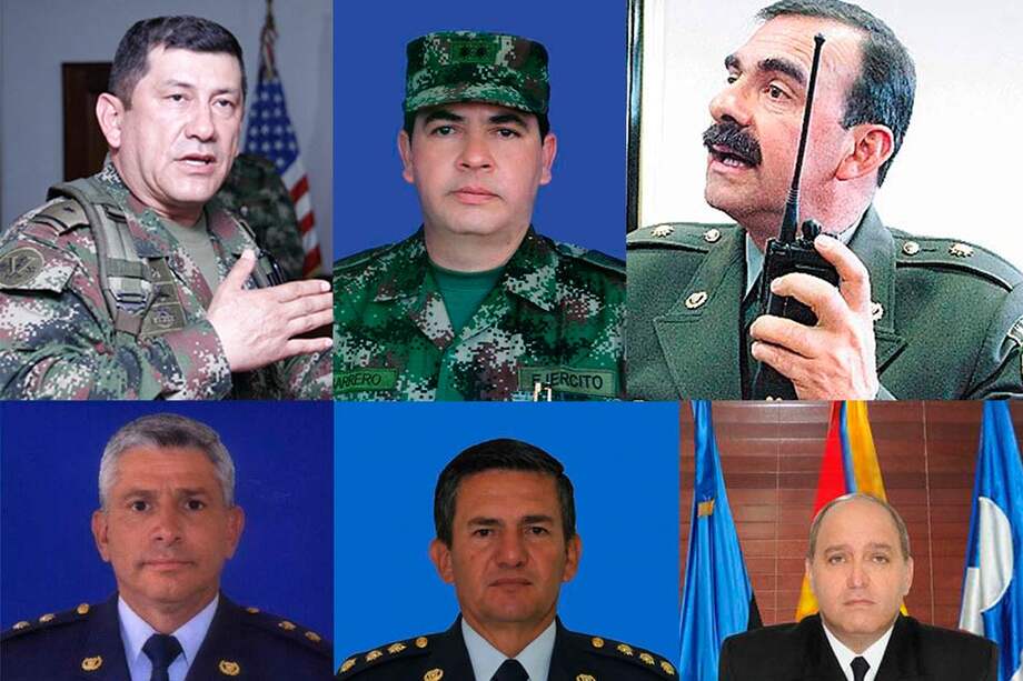 General Juan Pablo Rodríguez, nuevo comandante del Ejército; General Leonardo Barrero, nuevo comandante de las Fuerzas Militares; General Rodolfo Palomino, nuevo comandante de la Policía; General Guillermo León, nuevo comandante de la Fuerza Aérea; General Hugo Acosta, nuevo jefe del Estado Mayor Conjunto de las FF.MM; Almirante Hernando Wills, nuevo comandante de la Armada. / Cortesía