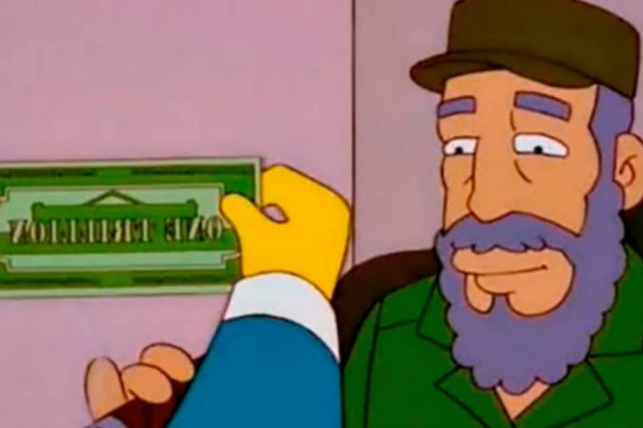 Cuadro del capítulo "Misión deducible" de 1998, cuando Mr. Burns le muestr a Fidel Castro el billete de un trillón de dólares con el que pretendía comprar la isla.
