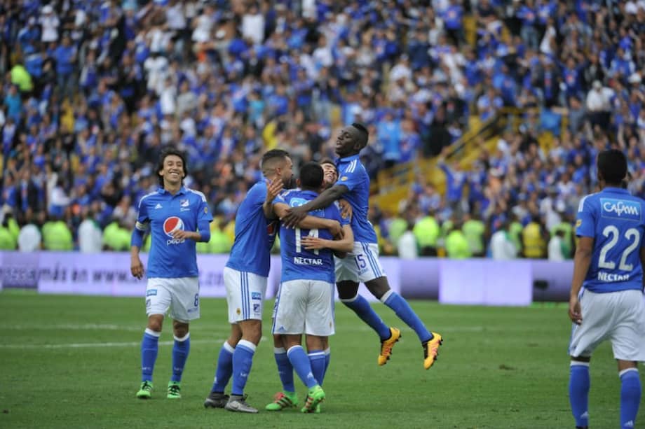 Millonarios celebra uno de los goles contra Chicó en la Liga 12 de la Liga Águila. Foto: Gustavo Torrijos.