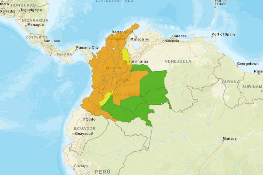 Los departamentos que tienen de 0% a 35% de disponibilidad de UCI están en color naranja.