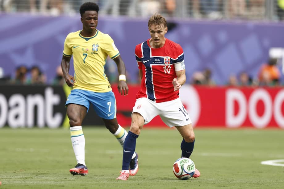 Martin Odegaard y Vinícius Jr. durante los octavos de final del Mundial 2026 entre Brasil y Noruega, este domingo 5 de julio, en el MetLife Stadium de Nueva Jersey, en Nueva York.