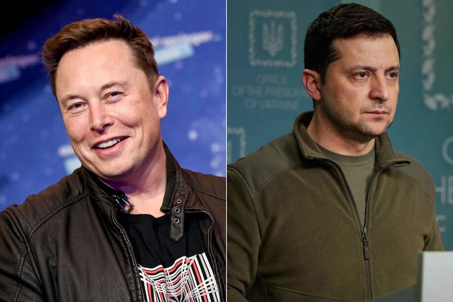 El empresario Elon Musk (i) y Volodimir Zelenski, presidente de Ucrania.