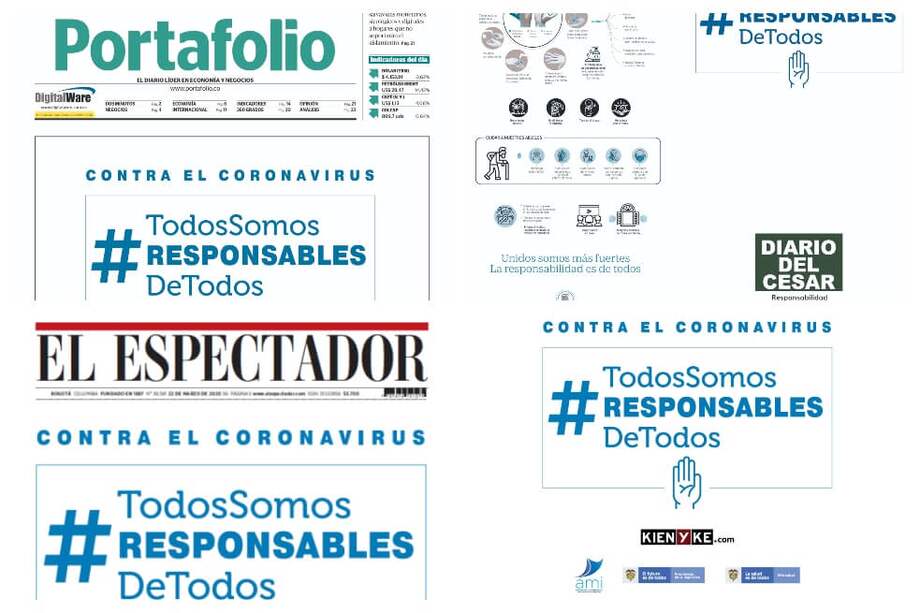 Las portadas de algunos de los medios de comunicación en Colombia que se sumaron al mensaje “Contra el coronavirus #TodosSomosResponsablesDeTodos”.