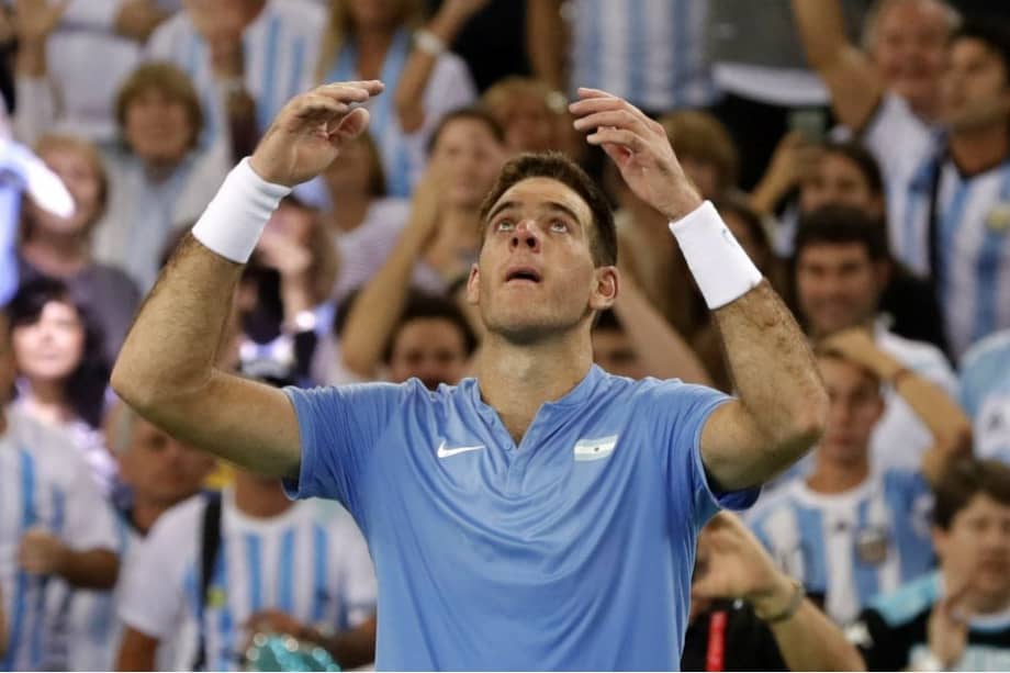 El argentino Juan Martín del Potro celebra tras vencer este viernes al croata Ivo Karlovic en la final de la Copa Davis. / EFE