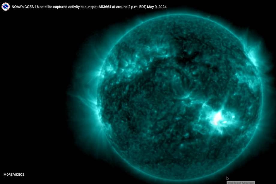 (Imagen de referencia) Captura de pantalla tomada de un video publicado por la National Oceanic and Atmospheric Administration (NOAA) que muestra una erupción en el sol en mayo de 2024.