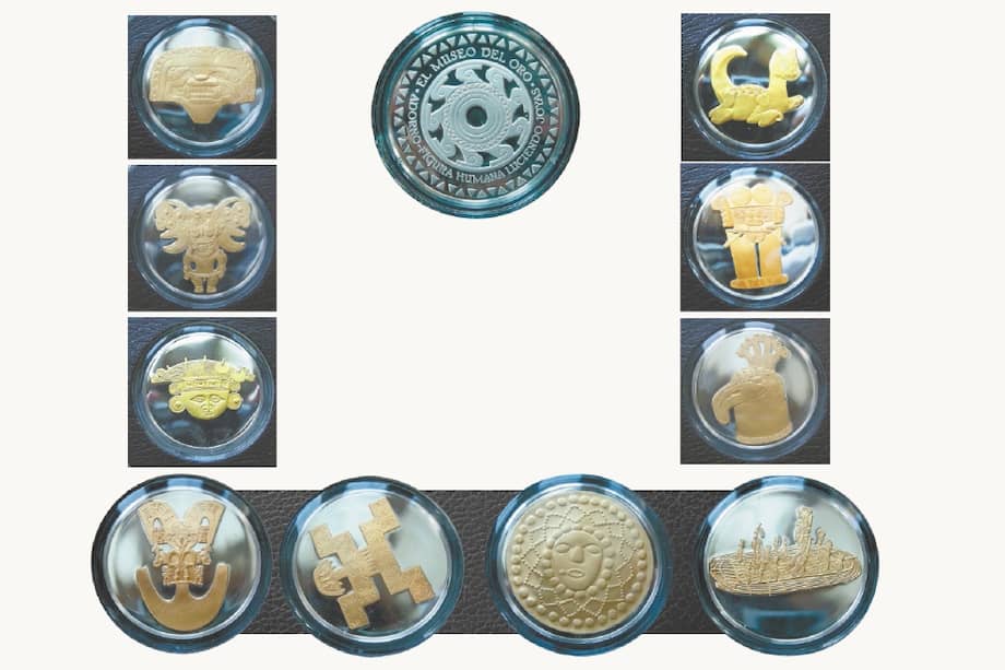 1. Representación de la Máscara de Inza, pieza de orfebrería de la Cultura de Tierradentro; 2. Colgante-Cacique con tocado; 3. Colgante. Cabeza con tocado; 4. Colgante-Jaguar; 5. Adorno-Hombre y Tocado con hongos; 6. Cabeza de bastón-Águila; 7.Pectoral-Máscara de pájaro; 8. Pectoral de figura humana estilizada; 9. Orejera-Masticador de coca y 10. Ofrenda-Ceremonia de Eldorado.