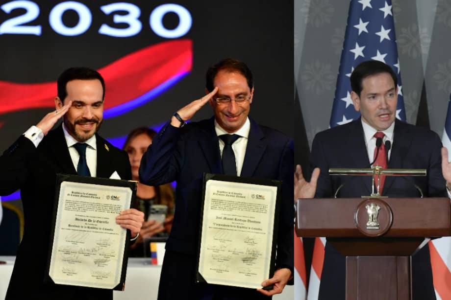 Presidente electo de Colombia, Abelardo de la Espriella; vicepresidente electo, José Manuel Restrepo; y secretario de Estado de EE. UU., Marco Rubio.