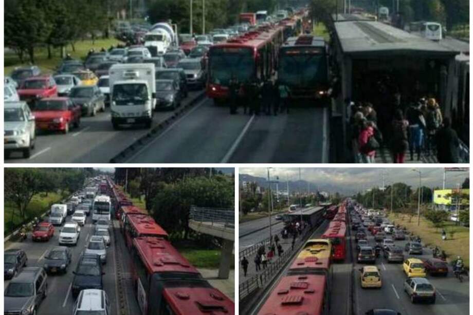 Trancón en carriles de TransMilenio de la Autopista Norte por protesta de usuarios