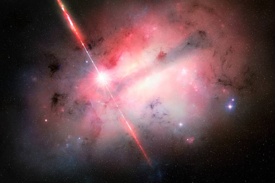 Esta ilustración artística, que muestra un chorro de material a gran velocidad lanzado desde una fuente incrustada en una galaxia muy polvorienta, representa el GRB 250702B, el estallido de rayos gamma más largo que los astrónomos han observado jamás.