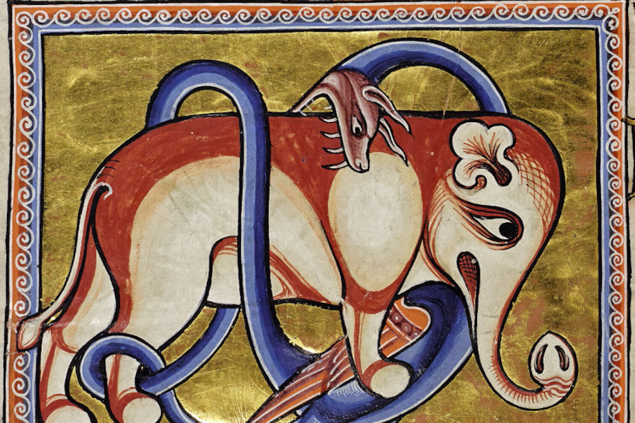 Contienda del elefante y el dragón, Bestiario de Aberdeen, manuscrito del siglo 12.