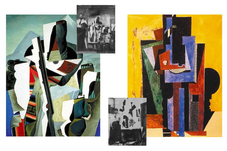 De izquierda a derecha: "Paisaje Zapatista", de Diego Rivera y el autor posando junto a esa obra. "Hombre apoyado en una mesa", de Pablo Picasso. La obra que se cree tiene algunas partes copiadas de la pintura de Diego Rivera. / Cortesía