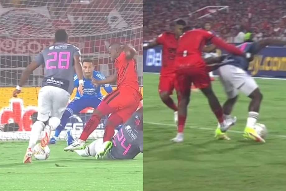 Dos de las jugadas que desataron la polémica en el juego entre Medellín y América.