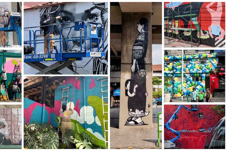 Los artistas son el manizaleño Suárez Boy (izq. arr.), la antioqueña Scifu (izq. med.), Greñas (izq. aba.), el español Jay Kaes (cen. arr.), el antioqueño 6B Graffitto (cen. aba.), el brasilero Alez Senna (cen. izq.), Sebastián "Malegría" (der. arr.), el francés Takir (der. med.) y Kiki Herrera (der. aba.)