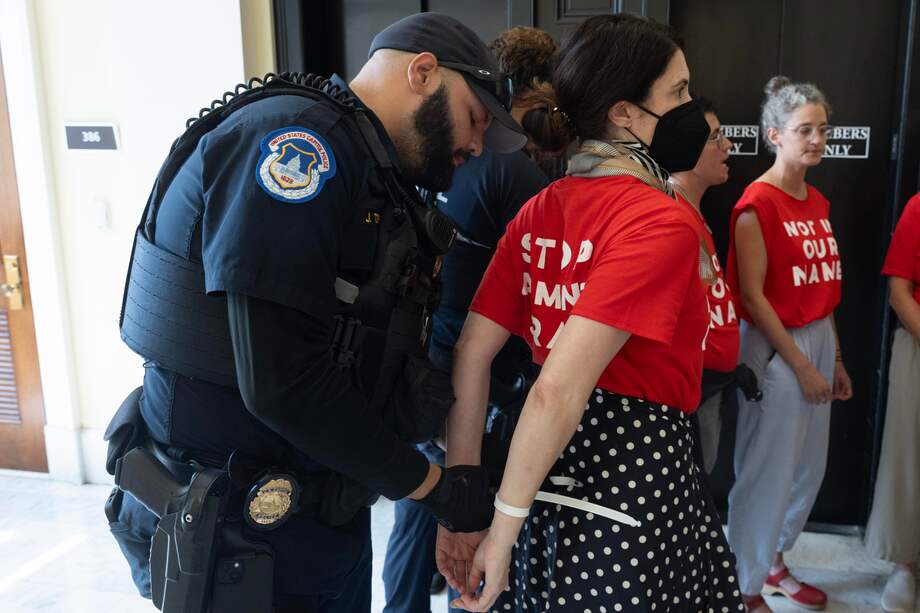 La policía del Capitolio de los Estados Unidos desaloja a manifestantes pro palestinos mientras protestaban en el edificio de oficinas de Cannon House en vísperas de la visita del Primer Ministro de Israel, Benjamin Netanyahu, en el Capitolio de Washington, DC, EE. UU., el 23 de julio de 2024.