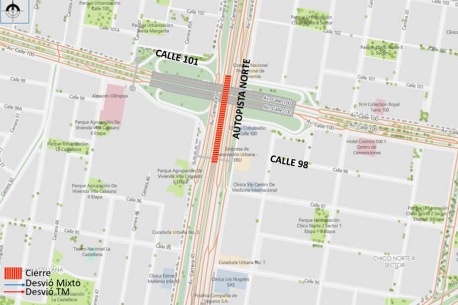 Los usuarios que circulan de norte a sur por la autopista Norte, continuarán transitando por los dos carriles que quedarán habilitados en la calzada rápida y por los dos carriles de la calzada lenta.