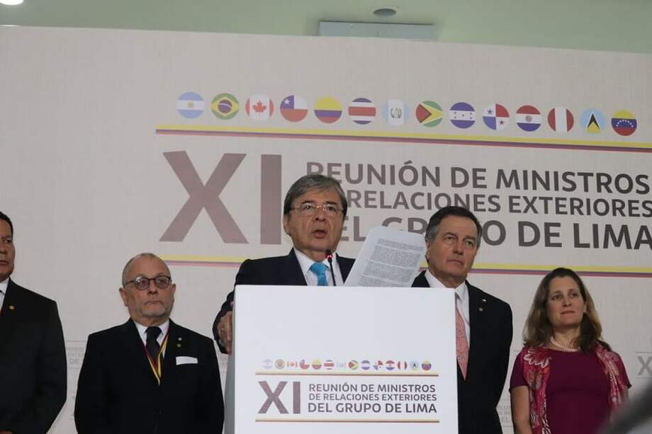 El canciller Carlos Holmes Trujillo presentó las conclusiones a las que llegó el Grupo de Lima sobre Venezuela tras su encuentro en Bogotá. / Cortesía Cancillería colombiana