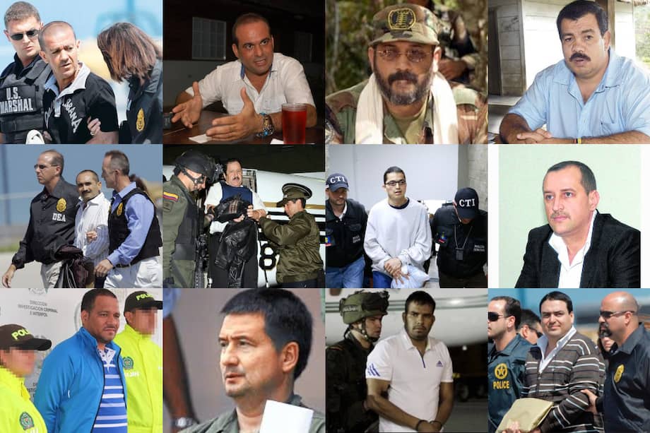 De izquierda a derecha arriba: Juan Carlos Sierra, alias "el Tuso", Salvatore Mancuso, Rodrigo Tovar, alias "Jorge 40", Diego Fernando Murillo Bejarano, alias "Don Berna", Ramiro “Cuco” Vanoy, Hernán Giraldo, Nódier Giraldo, Guillermo Pérez Alzate, alias “Pablo Sevillano”, Manuel Enrique Torregrosa, Diego Ruiz Arroyave, Eduardo Enrique Vengoechea Mola, alias "el Flaco", Francisco Javier Zuluaga Lindo, alias "Gordolindo". / Policía y Archivo El Espectador