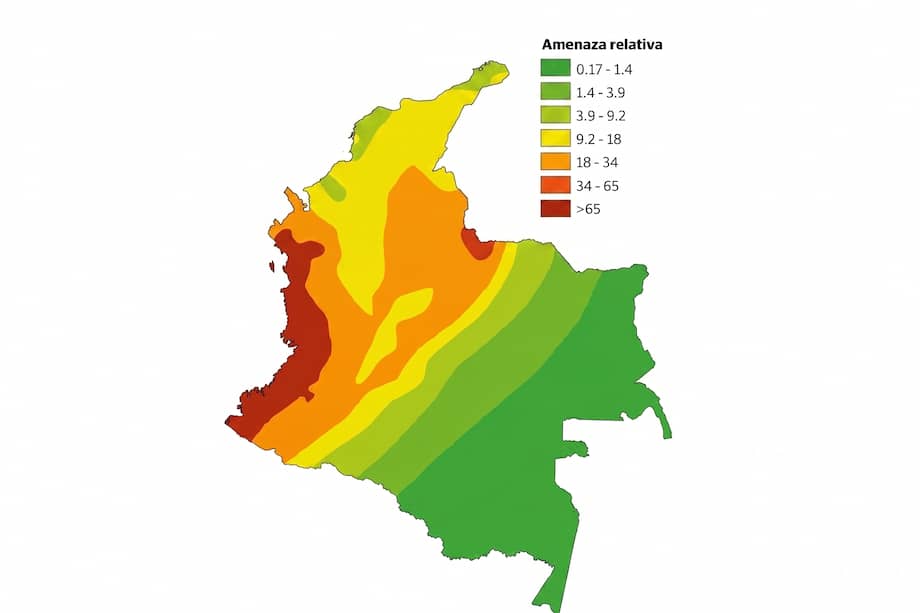 Mapa que ilustra la amenaza sísmica en Colombia.