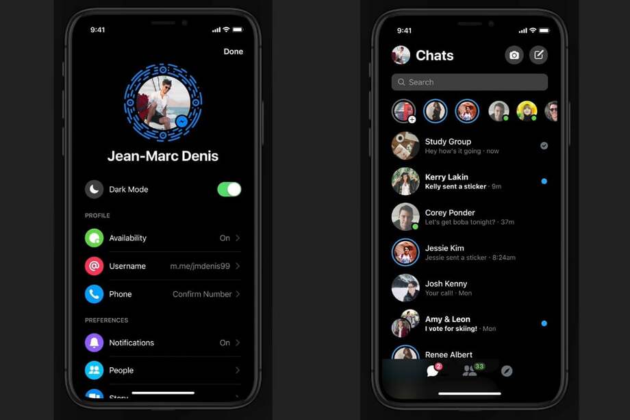 El modo oscuro de Messenger sustituye el fondo blanco de la versión estándar de la 'app' por temas en color negro y gris oscuro. / Messenger