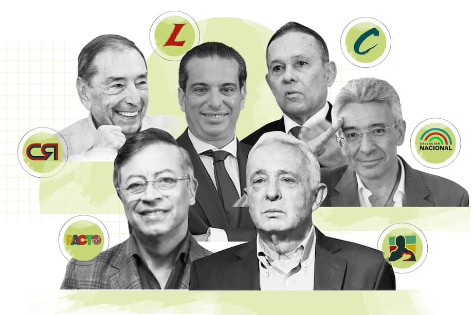 De izquierda a derecha: Fuad Char, Simón Gaviria, Efraín Cepeda, Enrique Gómez, Gustavo Petro y Álvaro Uribe.