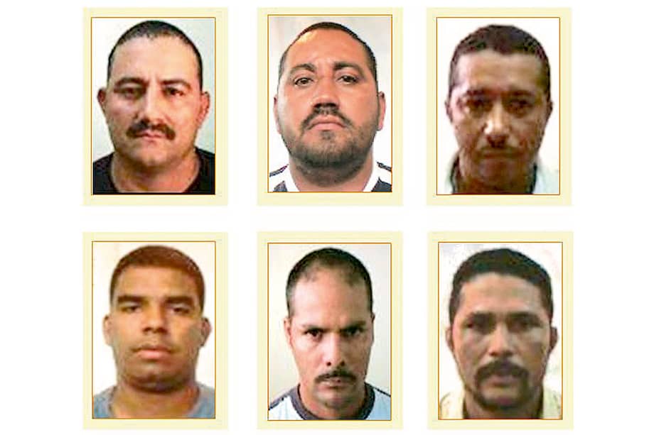 Dairo Antonio Úsuga David, 'Otoniel'; Juan de Dios Úsuga David, 'Giovanni'; Benjamín Jose Alvarado Bracamonte, 'Juancho'; Alexánder Montoya Úsuga, 'Flaco'; Marco Fidel Barba Galarcio, 'Mateo'; Francisco Antonio Pérez Avilez, 'Franco'. / Cortesía Fiscalía